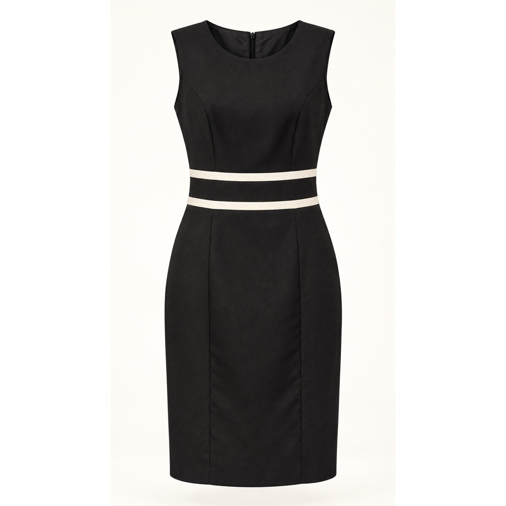 Evan-Picone Black Label Sheath Dress 8 Black White Waist Stripes Sleeveless